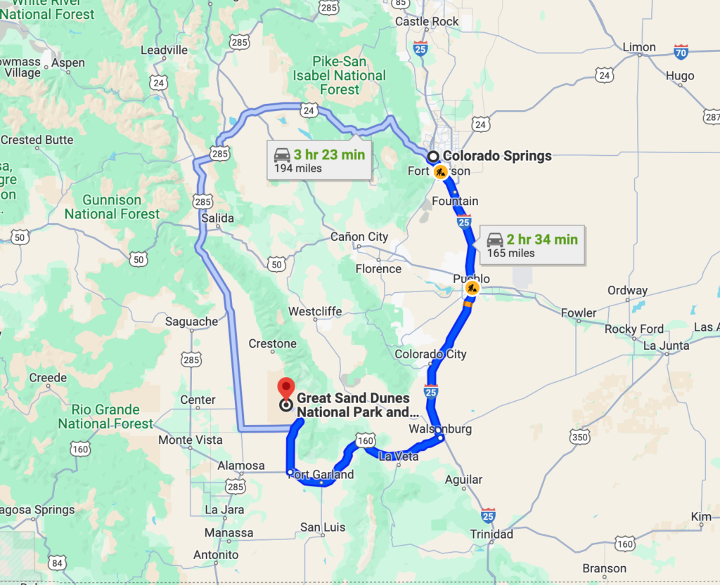 This is a google maps photo of the route from Colorado Springs to Great Sand Dunes National Park